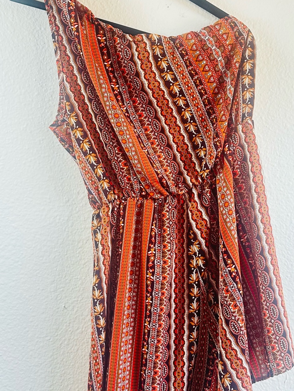 One-Shoulder Bohemian Shorts Romper in Rust Red Stripe